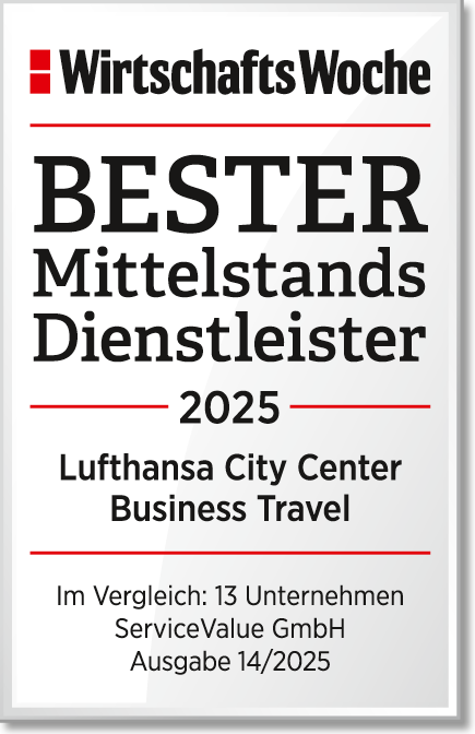 Logo WirtschaftsWoche Bester Mittelstandsdienstleister2025 Lufthansa City Center Business Travel